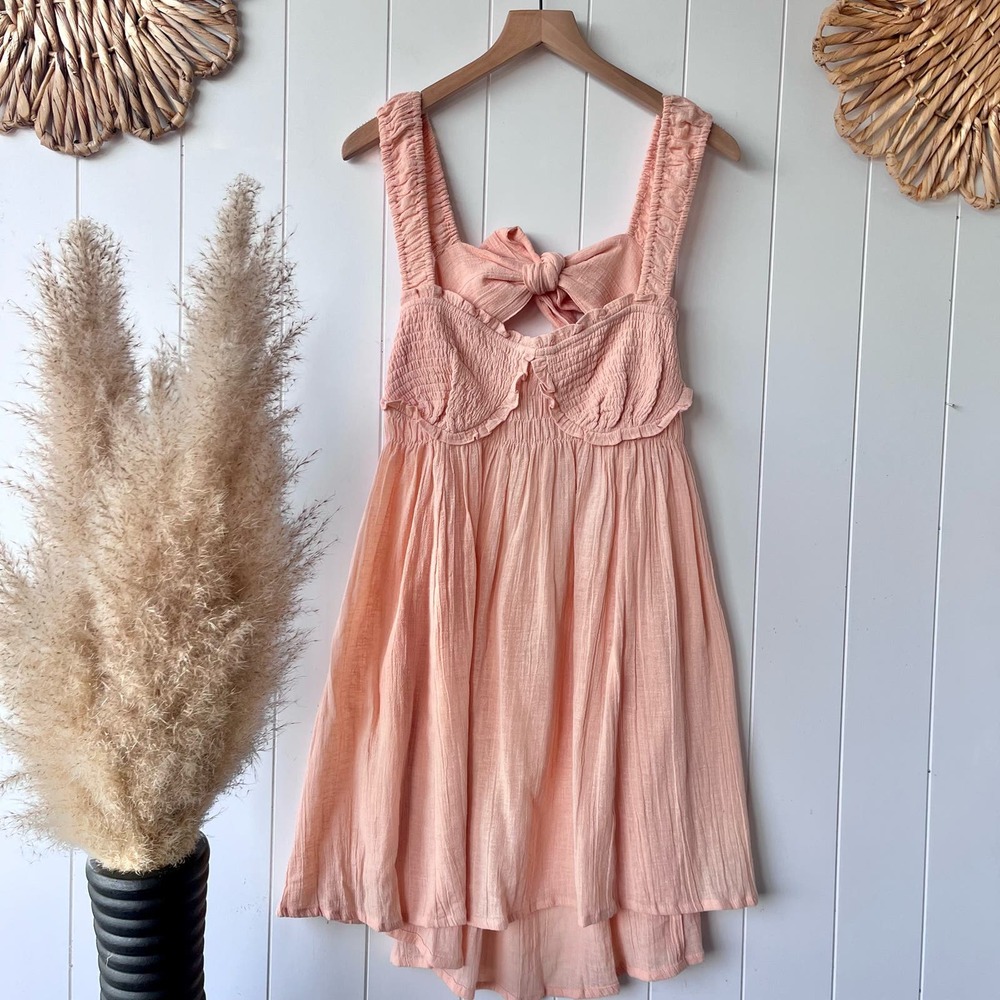 Free People dress mini cotton linen beach summer spring bow - Picture 2 of 7
